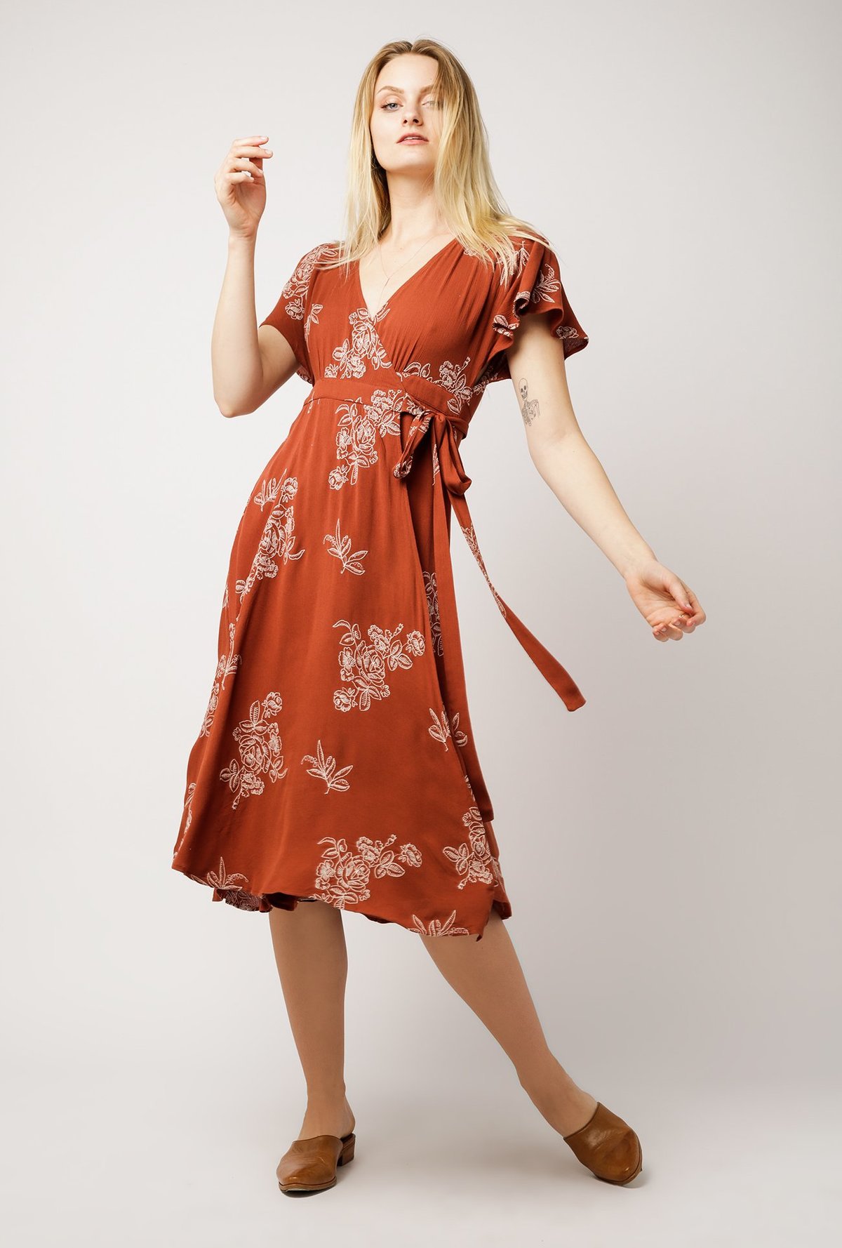 rust wrap midi dress Bodycon Wrap Midi Dress With Long Sleeves in Rust | ANGELEYE