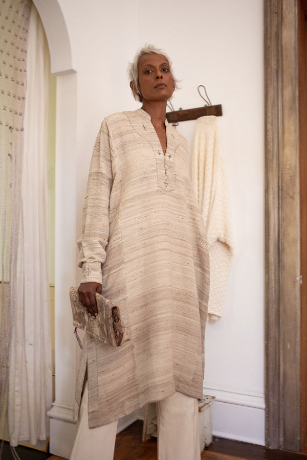 Erica Tanov Rekha Silk Linen Embroidered Dress - Sandstone