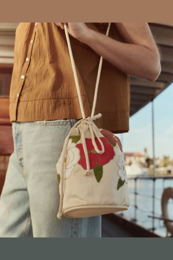 The Great. Embroidered Cinched Bucket Bag