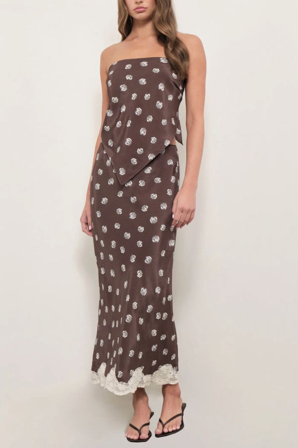 Maude Club Rose Print Midi Skirt - Brown