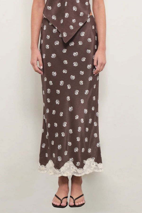 Maude Club Rose Print Midi Skirt - Brown