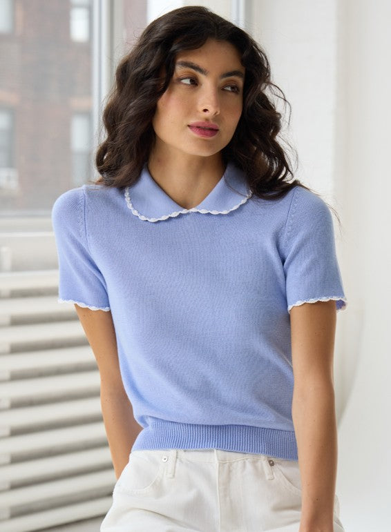 Autumn Cashmere S/S Collared Top With Contrast Crochet Edges