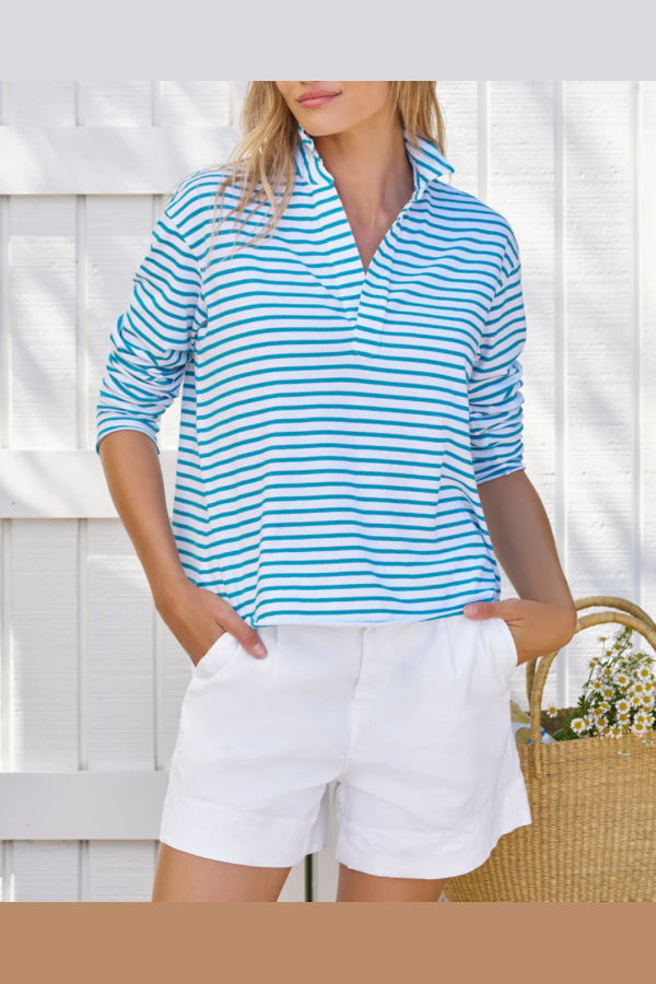 Frank & Eileen Patrick Popover Henley - Turquoise / White Stripe