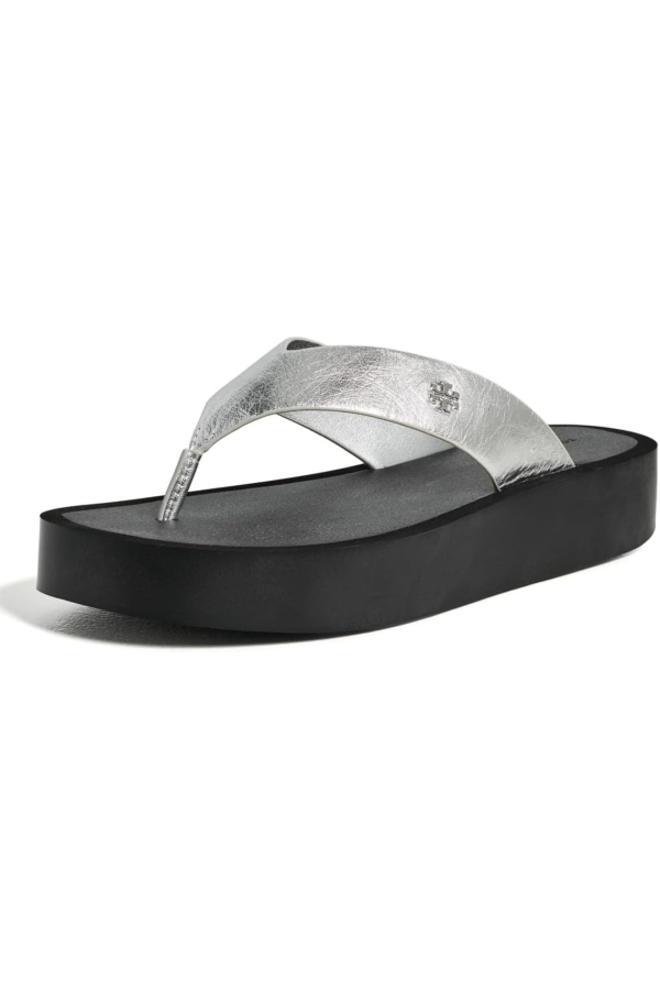 Tory Burch Leather Platform Flip-Flops - Silver/Perfect Black