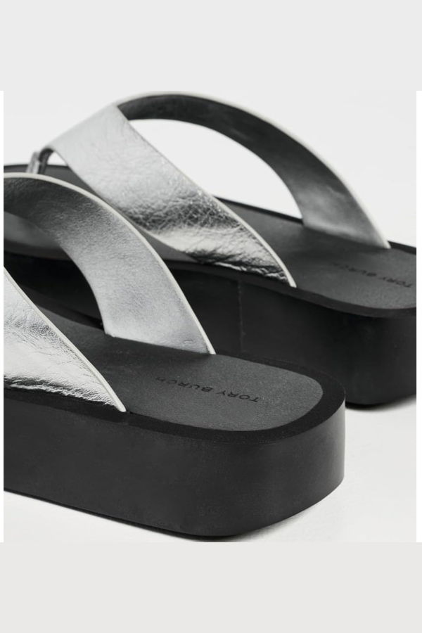 Tory Burch Leather Platform Flip-Flops - Silver/Perfect Black