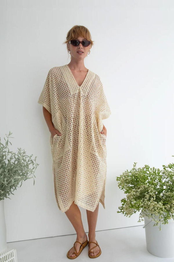 LWN Sello Broidery Grid Caftan - Ecru