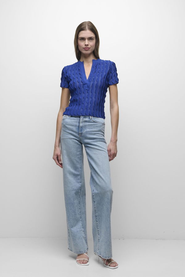 Jonathan Simkhai Mallorie Scalloped Knit Polo Sweater - Blueberry