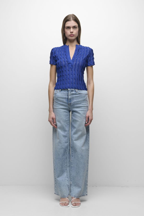 Jonathan Simkhai Mallorie Scalloped Knit Polo Sweater - Blueberry