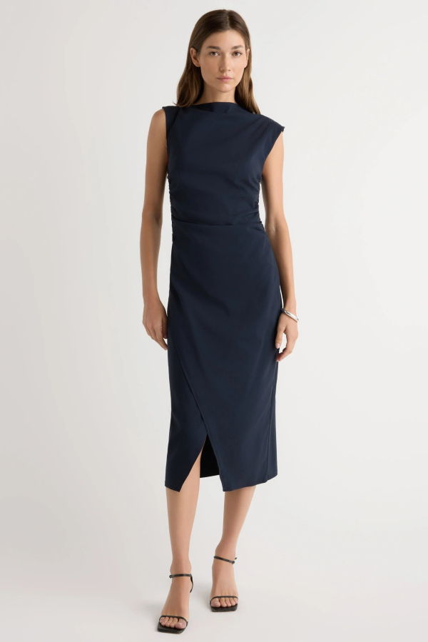 Modern Citizen Manon Asymmetric-Neck Ruched Dress - Navy