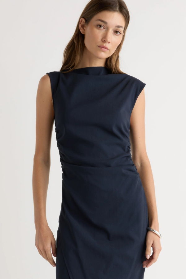 Modern Citizen Manon Asymmetric-Neck Ruched Dress - Navy