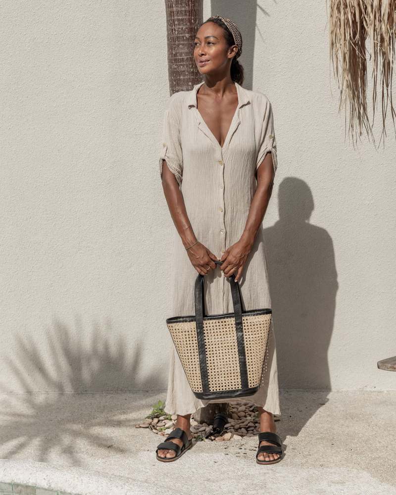 Village Thrive Raja Leather and Cane Carryall Bag