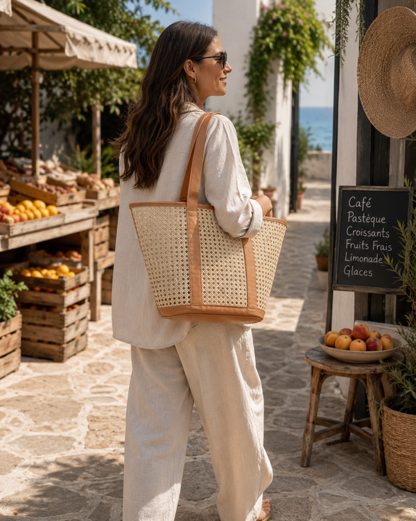Village Thrive Raja Leather and Cane Carryall Bag