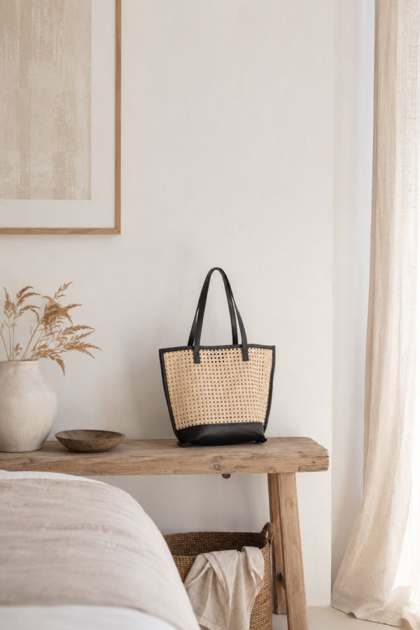 Village Thrive Raja Leather and Cane Tote