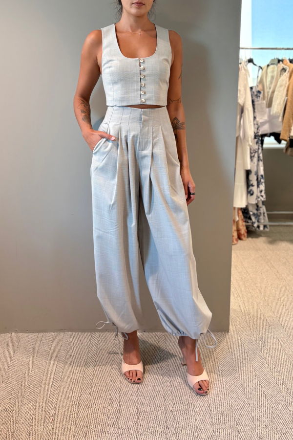 L'Agence Ysola Drawstring High Waist Pant - Ivory/Tan/Blue Plaid