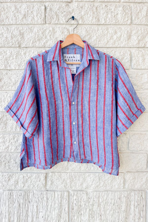 Frank & Eileen Short Sleeve Button Up Top - Blue Red Textured