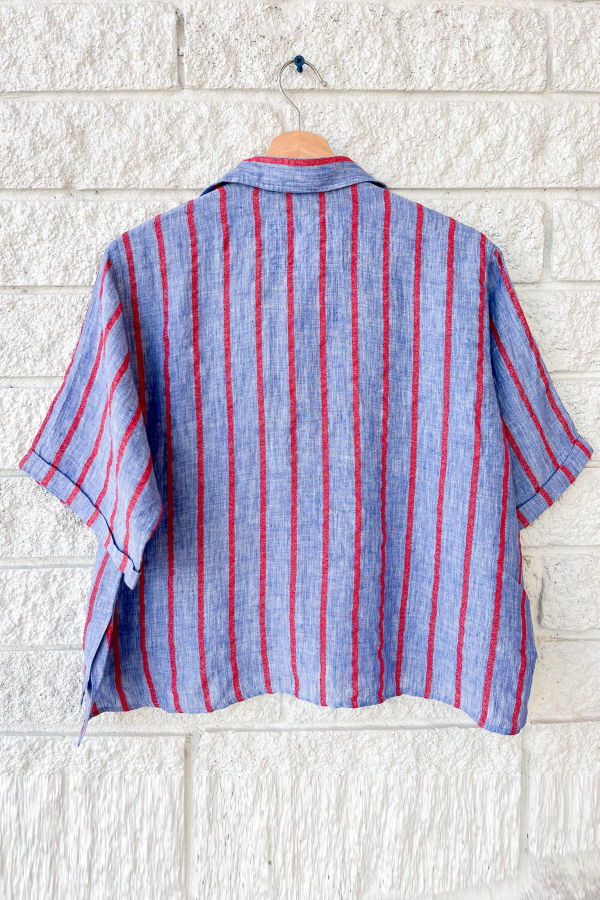 Frank & Eileen Short Sleeve Button Up Top - Blue Red Textured