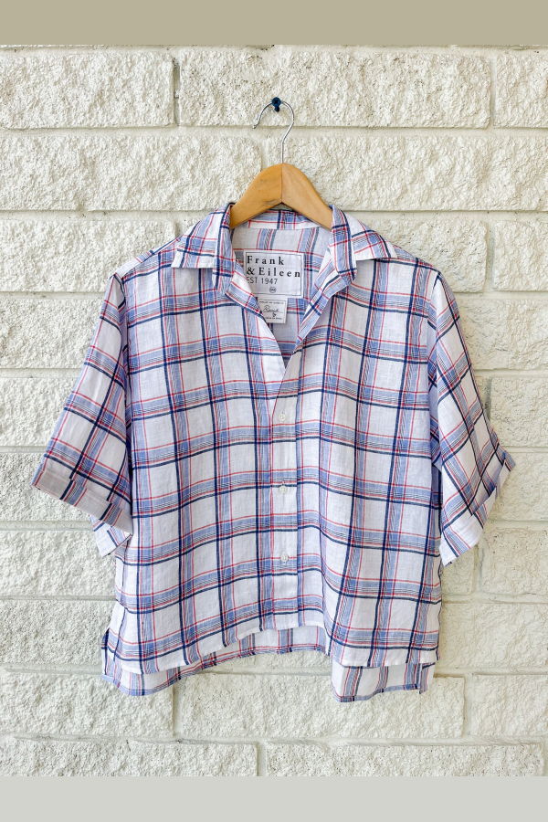Frank & Eileen Short Sleeve Button Up Top - White Red Navy