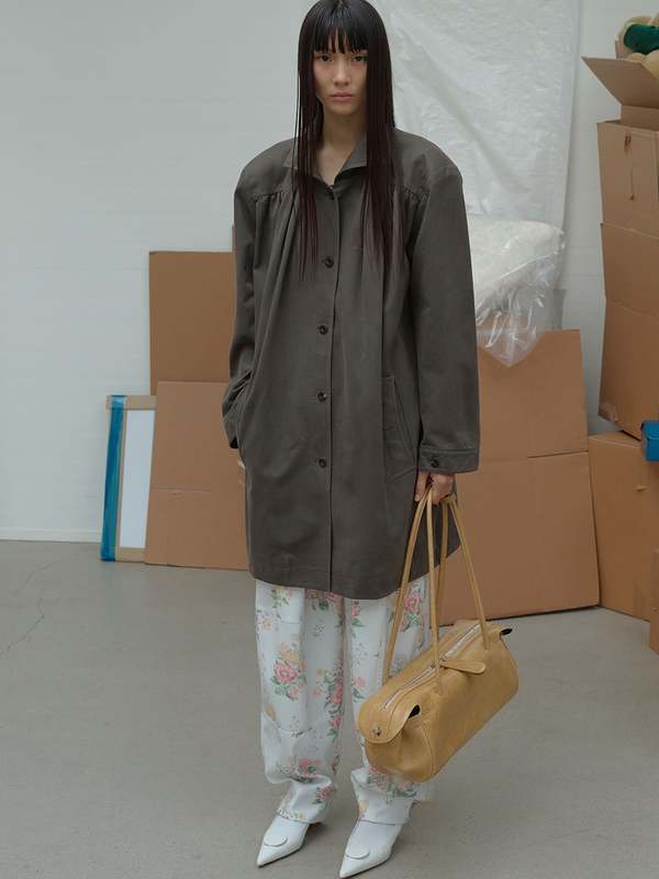 Open YY Over Shirred Top Coat - Khaki
