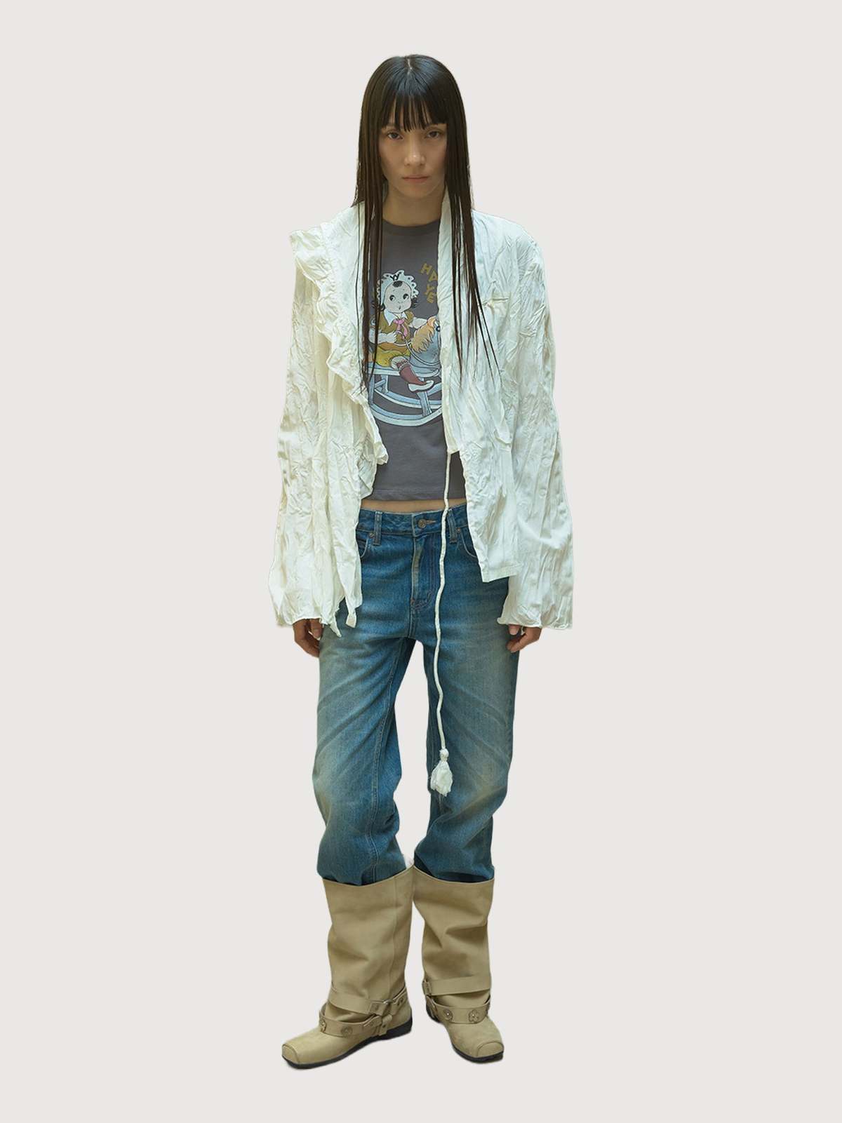 Open YY Unbalanced Ruffle Blouse - White - Image 2 of 8