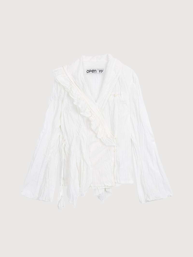 Open YY Unbalanced Ruffle Blouse - White