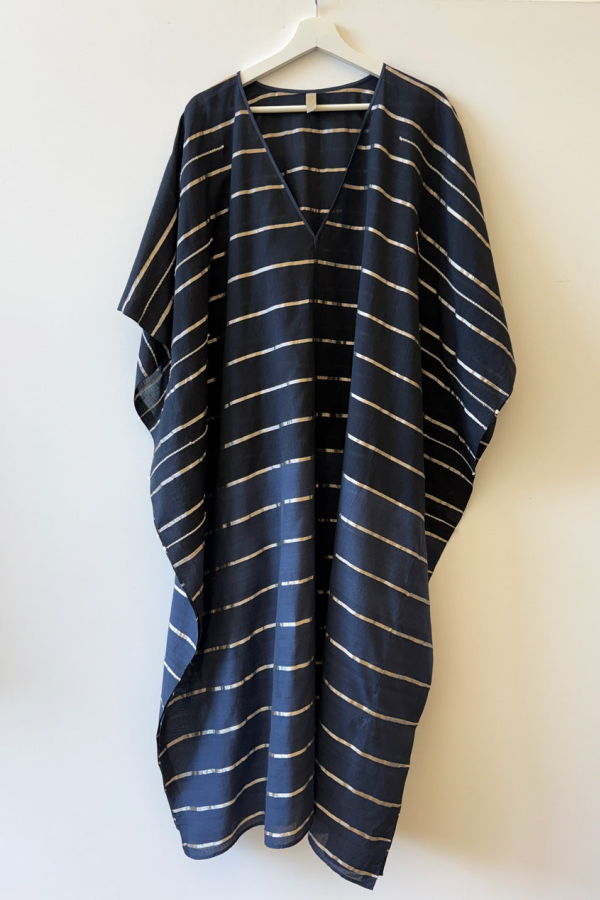 Two Navy V Neck Metallic Stripe Caftan