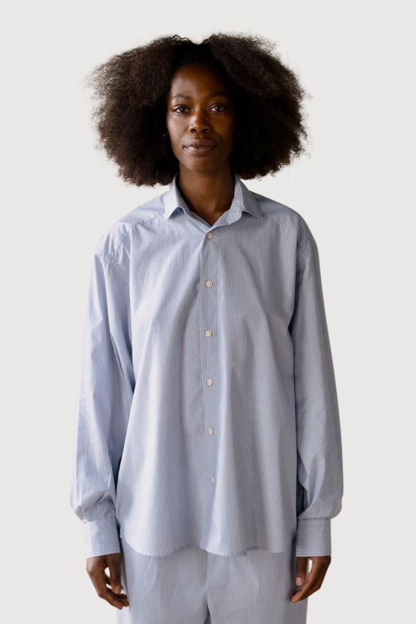 Baserange Claude Shirt, Cotton Poplin - Blue Stripe