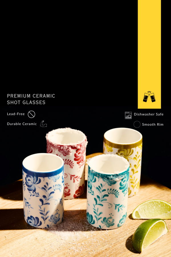 Lemonsoda Azulejo Floral Ceramic Shot Glasses (3oz)