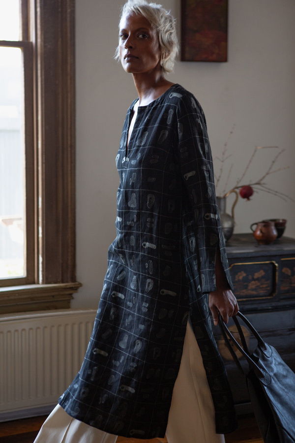 Erica Tanov Nava Linen Caftan in Black Line Embroidery
