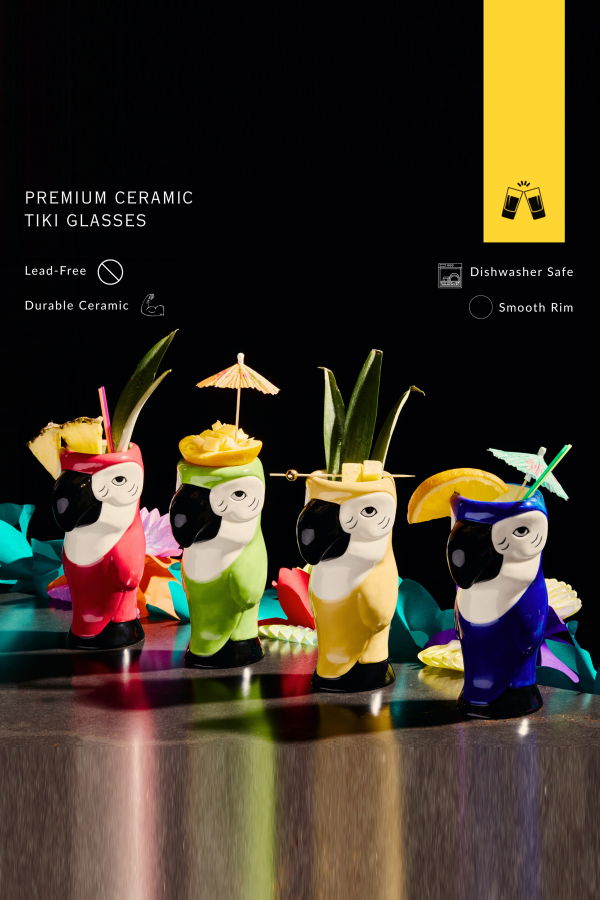 Lemonsoda Ceramic Hawaiian Multi Color Parrot Tiki Glasses