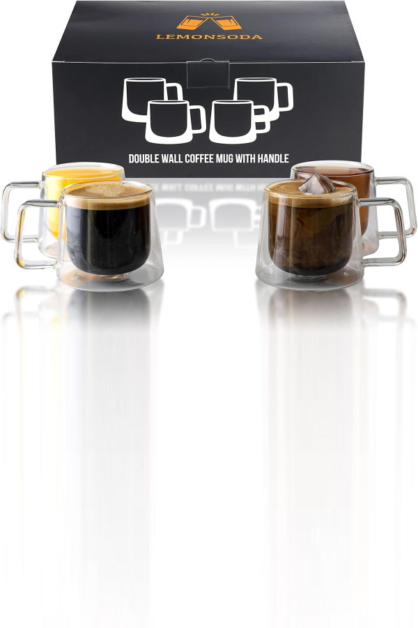 Lemonsoda Double Walled Glass Coffee Drink Mug with Handle Set of 4 8.5oz