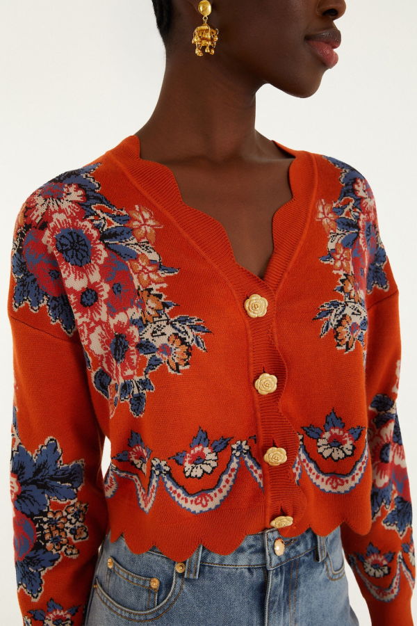 Farm Rio Knit Cardigan - Victorian Floral Terracota