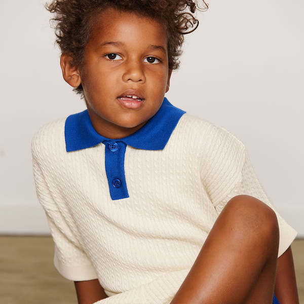 KIDS Mini Rodini Cable Knit Polo T-Shirt - White