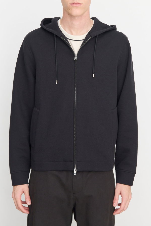 VINCE Cotton-Blend Scuba Zip-Front Hoodie - Black