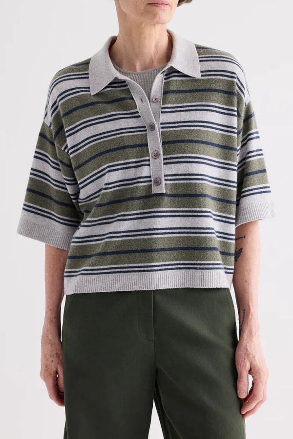 TWP SS Polo Stripe Polo Sweater - Moss / Night Sky / Light Heather Grey