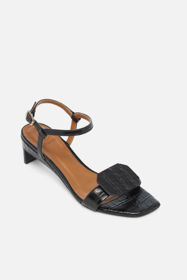 Coclico Taj Heeled Sandal - Black Croc Embossed Leather