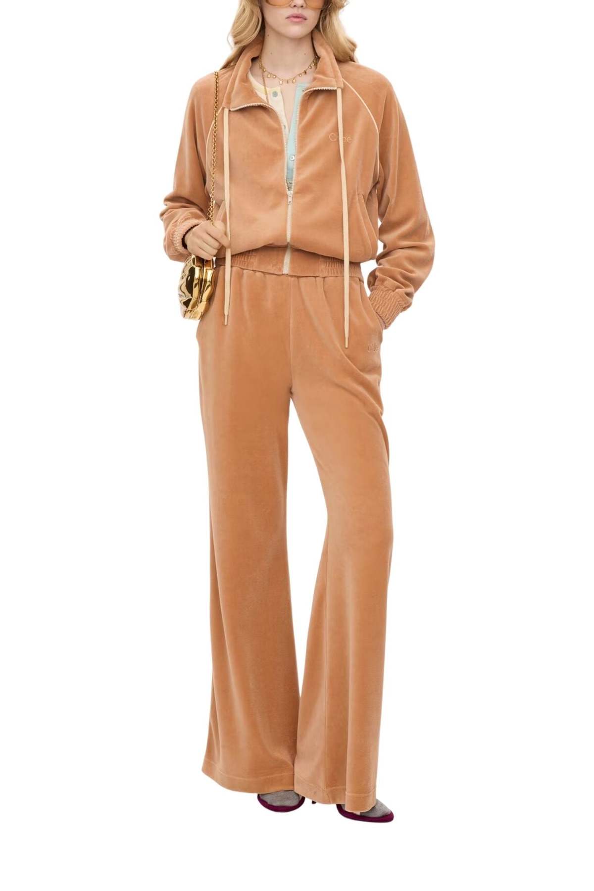Chloé Wide-Leg Velvet Jersey Tracksuit Pants - Smoked Ochre - Image 2 of 6