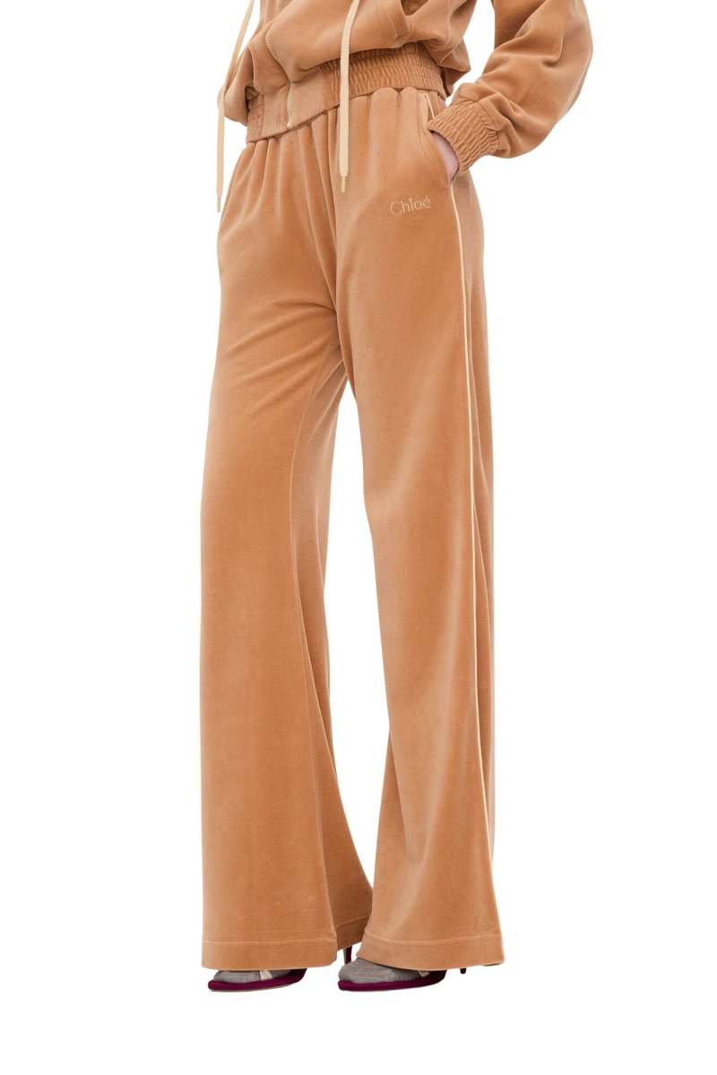 Chlo Wide-Leg Velvet Jersey Tracksuit Pants - Smoked Ochre