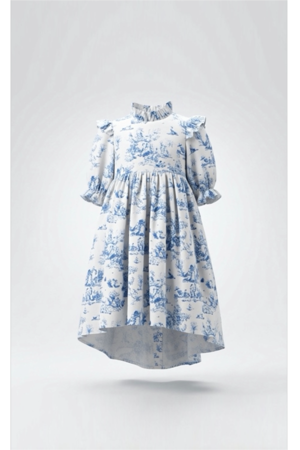 Piper&Cloth Aoki Dress Three-Quarter Sleeve - Blue Toile