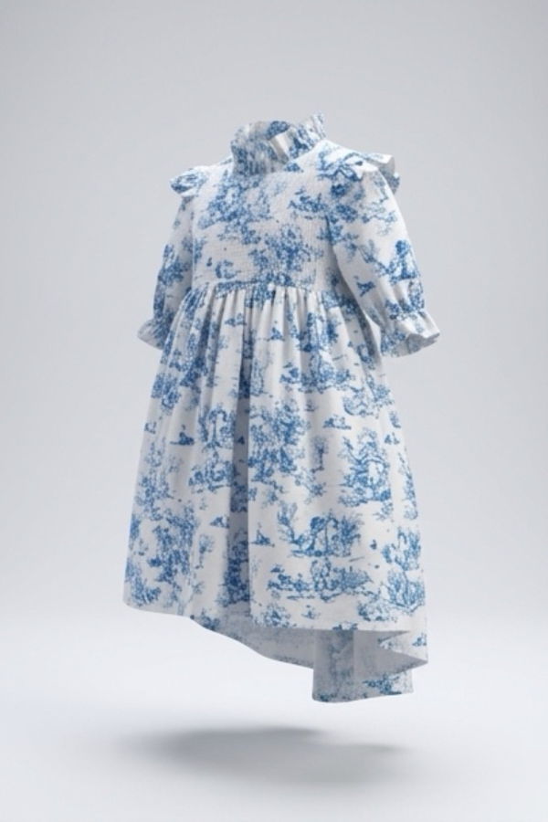 Piper&Cloth Aoki Dress Three-Quarter Sleeve - Blue Toile