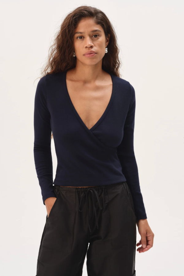 Donni. The Baby Rib Criss Cross Long Sleeve Top - Navy