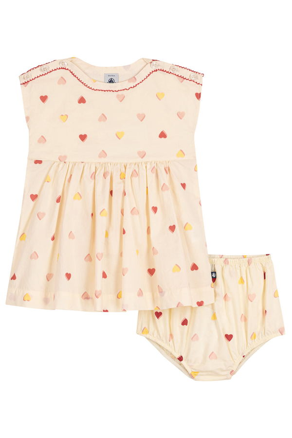 KIDS Petit Bateau Baby Heart Print Dress With Bloomers - Cream