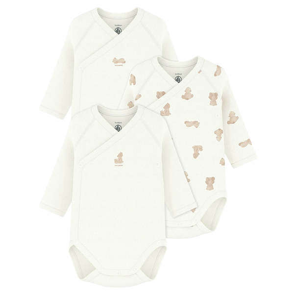KIDS Petit Bateau Baby Set Of Three Wrap Bodysuits With Brown Bear Print - White KIDS Petit Bateau Baby Set Of Three Wrap Bodysuits With Brown Bear Print - White