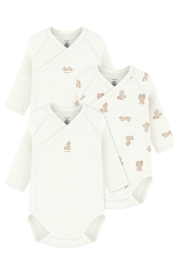 KIDS Petit Bateau Baby Set Of Three Wrap Bodysuits With Brown Bear Print - White