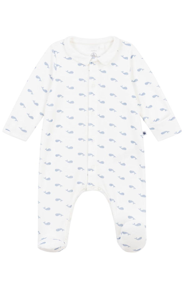 KIDS Petit Bateau Baby Velour Collared Pyjamas With Whale Print - White