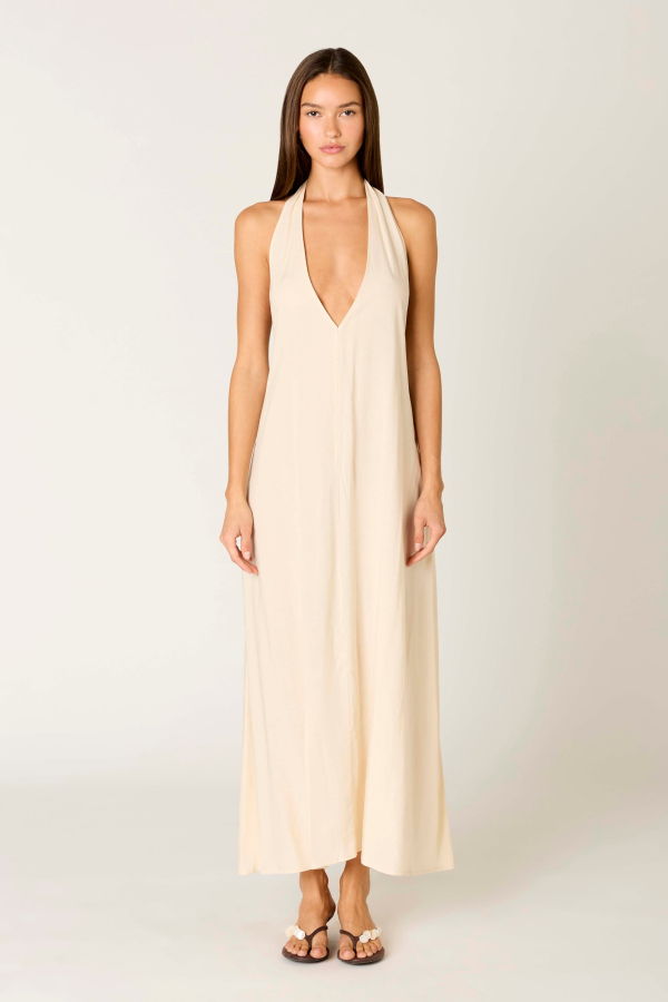 NIA Natural Linen Blend Plunge Halter Maxi Dress