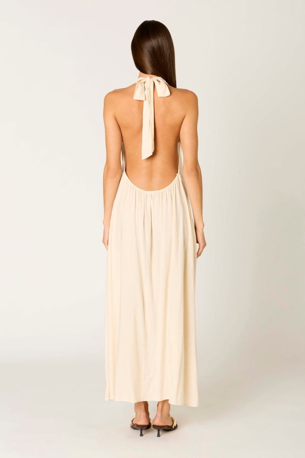 NIA Natural Linen Blend Plunge Halter Maxi Dress