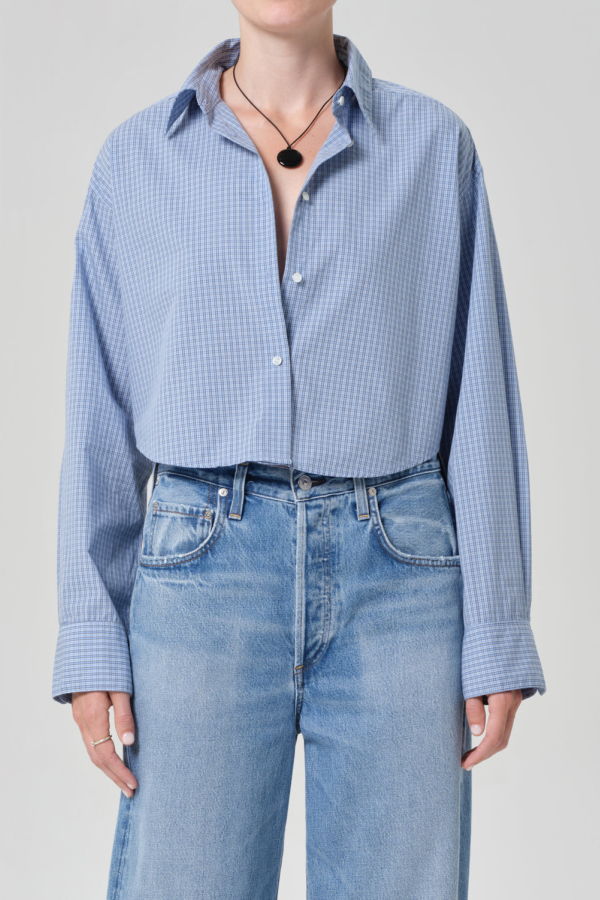 Citizens of Humanity Ana Cropped Button Up Shirt - Banker Blue Plaid