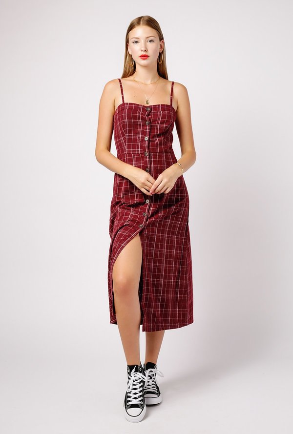Azalea Plaid Spaghetti Strap Midi Dress - Wine/White | Garmentory