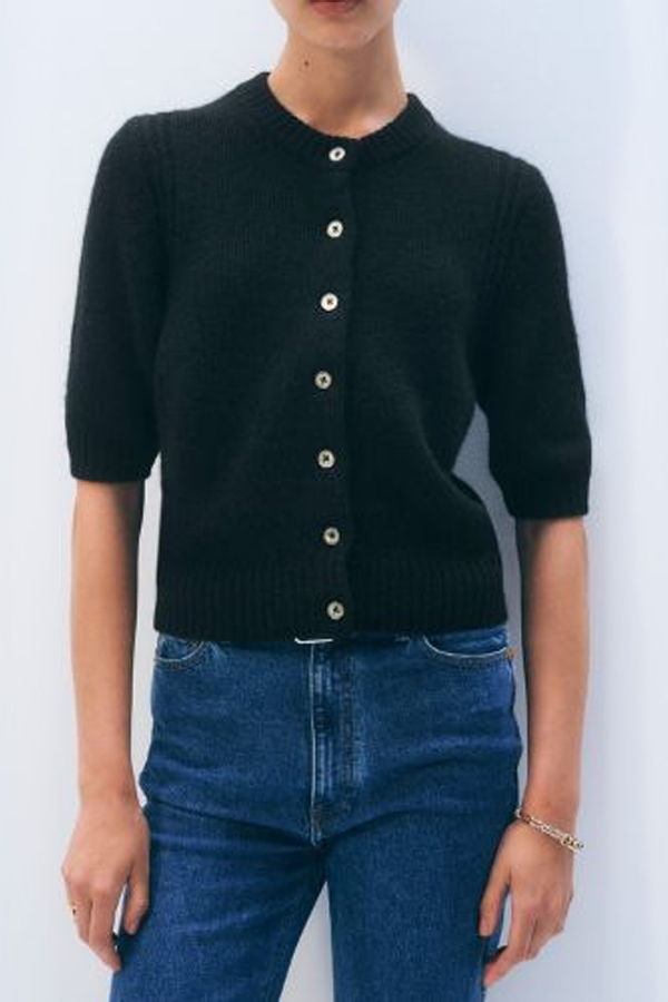 White + Warren Cashmere Elbow Sleeve Cardigan - Black