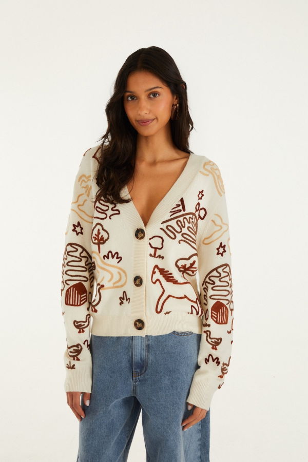 Farm Rio Countryside Cornelli Knit Cardigan - Off-White